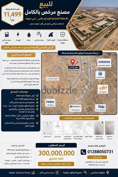 مصنع مرخص بالكامل للبيع – المنطقة الصناعية كوم أبو راضي – بني سويف