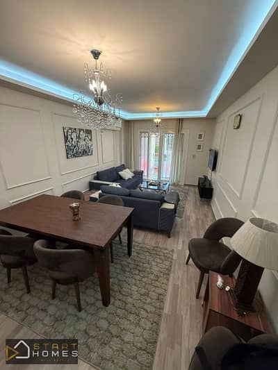 Fully air-conditioned, custom-finished ground-floor apartment for rent (furnished) in Madinaty (B2), featuring 107 sqm of living space plus a 45 sqm p
