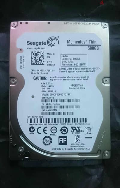 هارد لابتوب Seagate 500GB Momentus Thin بحالة الزيرو - صحة 100%