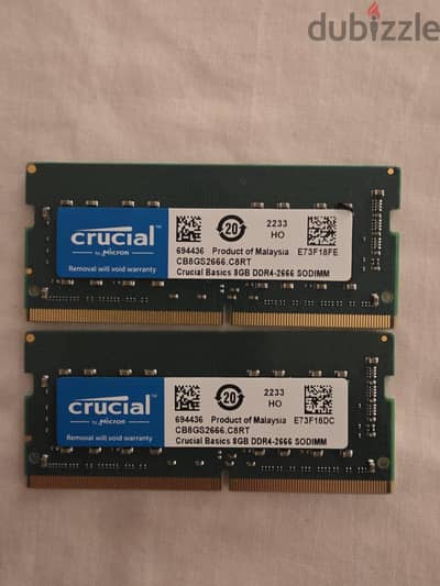 طقم رامات لابتوب Crucial 16GB DDR4 (2x8) Bus 2666 أصلي فبريقة