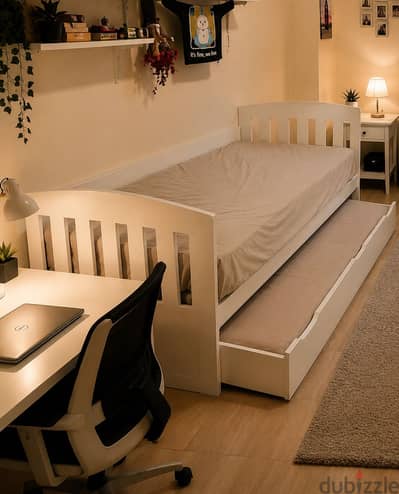 White Bed with Pull-Out Trundle – Very Good Condition