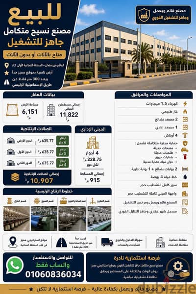 مصنع للبيع قائم وشغال مباني حديثة وجاهز للتنازل الفوري