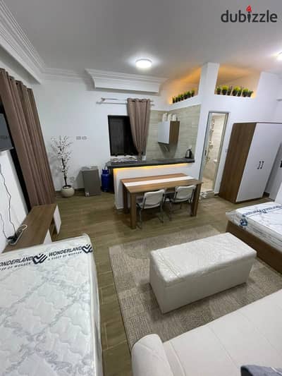 Studio for rent furnished hotel furniture for a long period your own private space opportunity for serious applicants in the heart of New Cairo overlooking the northern Taseen next to the Academy G studio ground floor in front of the view mall patio, the northern Taseen 2 beds, bathroom, open kitchen, internet, air conditioning