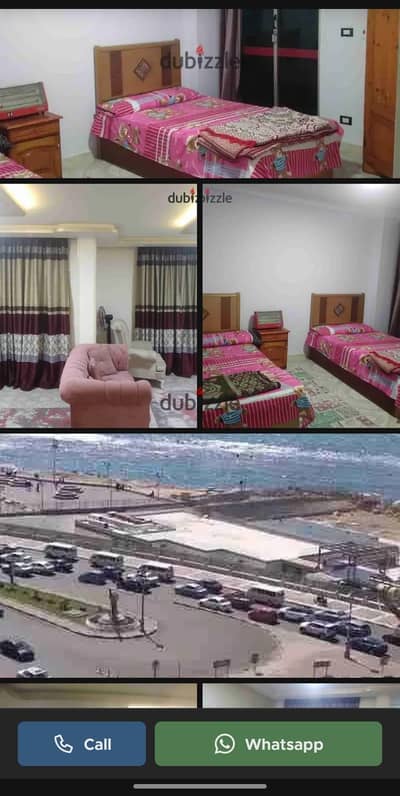 Furnished apartment for rent in Miami with a view of the sea and the corniche, close to all shopping centers, malls, cafes, brands, and the parks of Montazah and Mamoura Beach