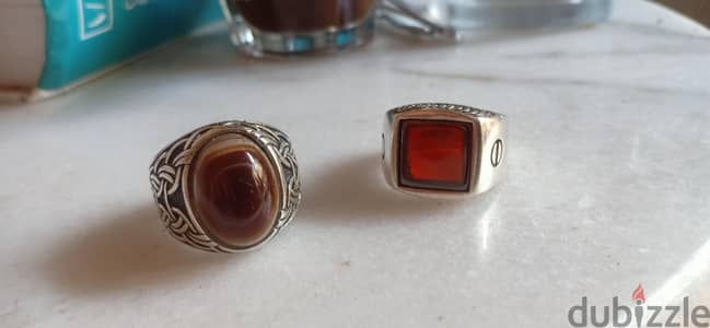 فرصه٢ خاتم فضه ٩٢٥ بحجر عقيق كبدي واخر زجاج كارتير