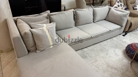 L shape Linen Sofa - كنبه خشب زان بيج قماش كتان