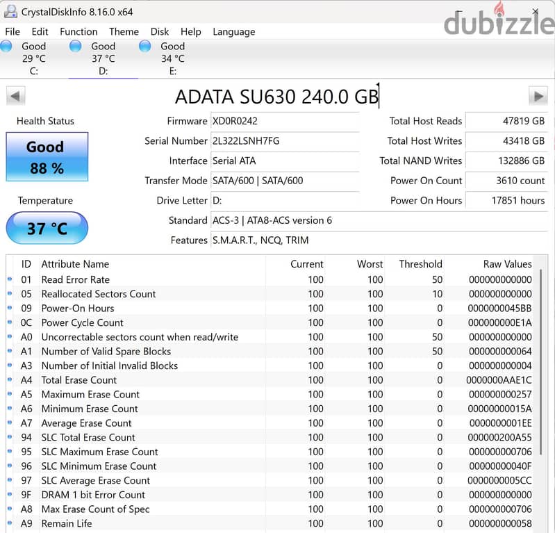 Adata ssd sata 250 GB 4