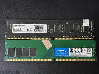 رامات DDR4 8GB 2400MHz بحالة ممتازة – Crucial & Radeon