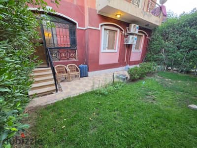 Furnished apartment for rent, air-conditioned, ground floor with a private garden, Rawdat Zayed compound