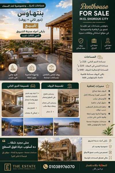 فيه بنتهاوسات كتير في الشروق. . .  لكن قليل جدًا لما تلاقي وحدة بمساحة رووف بالحجم ده، وإطلالة مفتوحة من أكتر من اتجاه، وفي واحد من أرقى أحياء الشروق