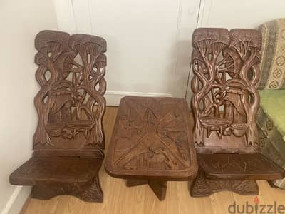 Hand made decoration antique table and two chairs with painting