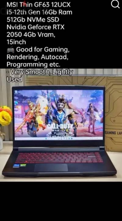 Lap Top:  Msi Thin Gf63 12UCX