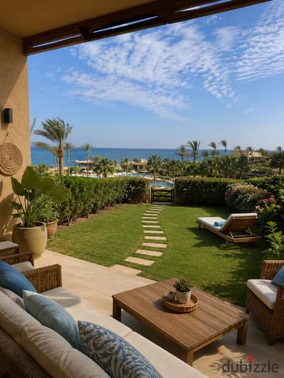Two-bedroom chalet with a garden for sale with delivery in 6 months in Ain Sokhna, direct sea view in a fully operational village.
