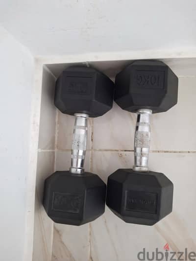 4 kg and 10 kg rubber-encased hexagonal dumbbells