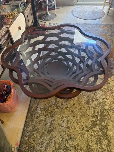 Elegant Modern Glass Coffee Table with Sculptural Wooden Base