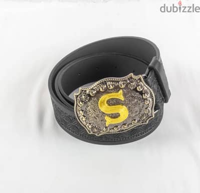Unisex black leather waist belt letter s
