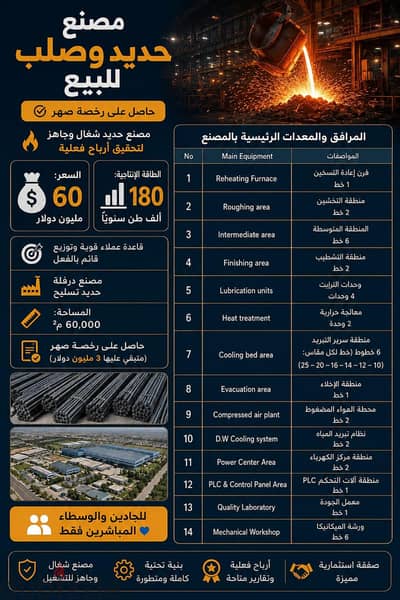مصنع للبيع في سوهاج للحديد وصلب  حاصل علي رخصه صهر