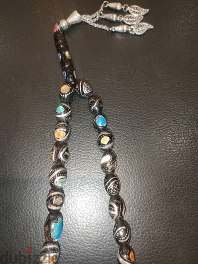 سبحة يسر البحر الاحمر يسر طبيعي  مطعمه بالفضة والفيروز و الكهرمان