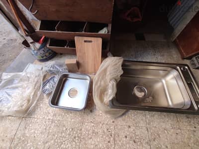 حوض  مطبخ استانلس ستيل كبير + حوض صغير + لوح تقطيع + صبانة (طقم كا