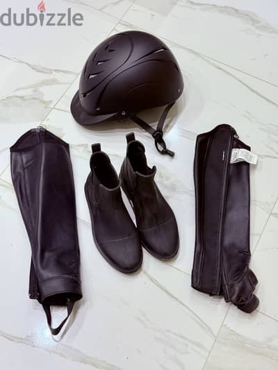 Decathlon Horse Riding Set Boots + Helmet + Chaps