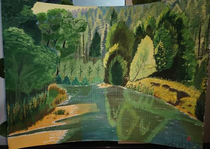 لوحة طبيعة مرسومة يدوي - غابة ونهر 40x50سم