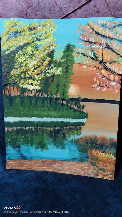 لوحة طبيعة يدوي - خريف وبحيرة 35x45سم