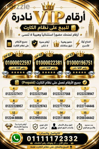 للبيع أرقام مميزه VIP نادرة على نظام الكارت