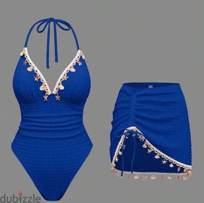 Shein swimsuit 2pc one-piece swimsuit&ruched skirt with shell chain