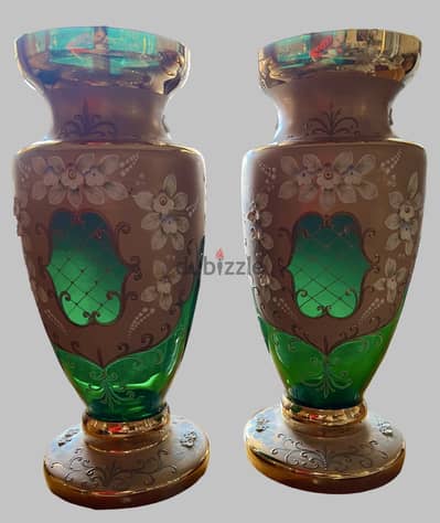 Czech Bohemian 24ct Gold Green Glass Vases