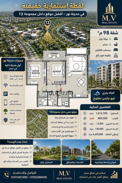 For Sale in the City of NOOR                    Al-Nour Apartment  98 Square Meters  Model No. 4 in the Most Distinctive Building in the City  Best Deal   Apartment Features  The apartment is completely untouched in a clear northern direction - Steps to the Central Park and services - in the most distinguished group 13- Best layout 2 Bedrooms - 2 Bathrooms and Reception  and separate Kitchen