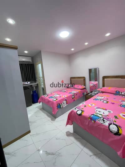 Studio available for rent, first occupancy, in October City, first neighborhood, sixth block, third floor, originally Nasir, all services included, steps to Al-Hosari Mosque, all services available.