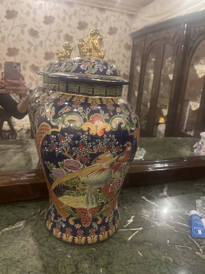 Vintage cobalt blue Chinese Ginger Jar with Gold Foo Dog Lid ,30+YEARS