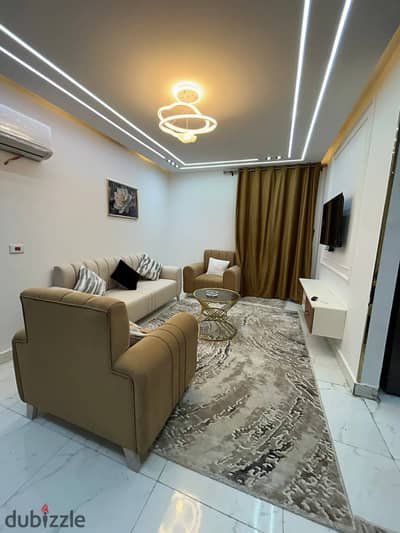 Available VIP ultra-super luxury apartments with two bedrooms, a living room, a kitchen, and a bathroom located in 6th of October City, First District, Neighborhood 8, ground floor, private entrance, minutes from Al-Hosari Mosque, close to all services.