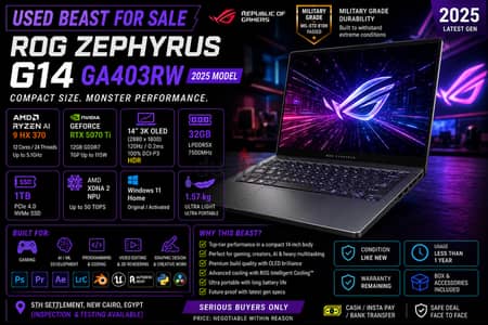 ASUS Zephyrus G14 (2025) –RTX 5070Ti 12GB–Ryzen AI 9–32GB– 3K OLED