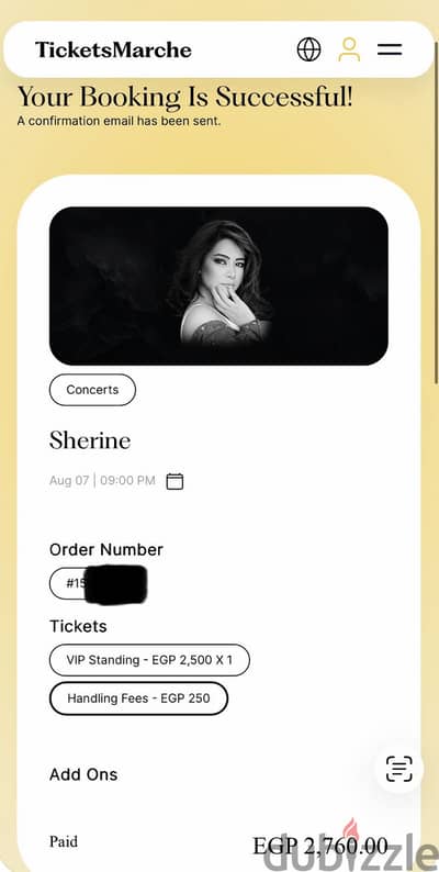 تذكرتين حفلة شيرين في الساحل الشمالي VIP Standing