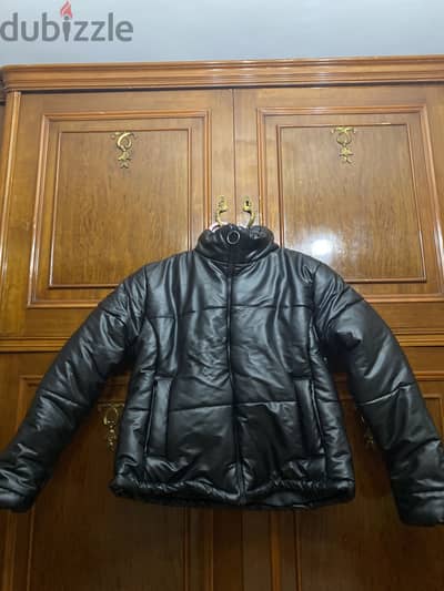Black faux leather puffer jacket
