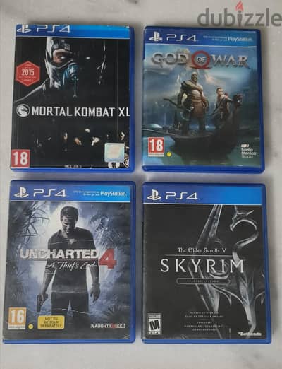 used  God of War, Uncharted 4 , Mortal Kombat xl,Skyrim cd (Ps4)
