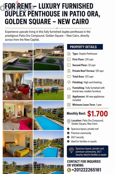 Luxury furnished duplex penthouse in patio oro golden square new cairo
