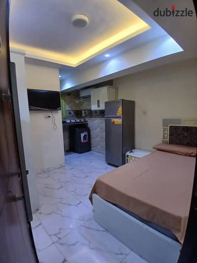 Single furnished studio available in the excellent location of 6th of October City, 1st district, near 6, 2nd floor, with elevators, including water and electricity, precise to Al-Hosari Mosque, steps to all services