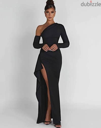shein one shoulder dress، فستان سهره اسود