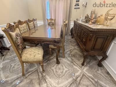 Dining Table سفرة كلاسيك خشب طبيعي (ترابيزة + 8 كراسي + بوفيه)