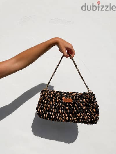 Handmade Black & Gold Crochet Shoulder Bag | Black & Gold-Chain Strap