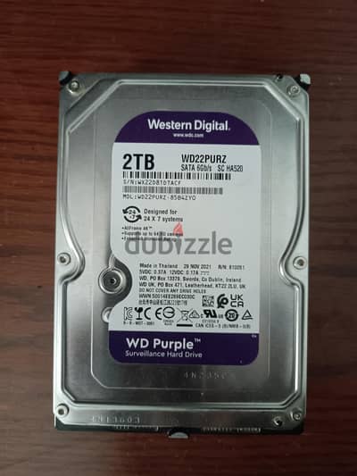 هارد ويسترن بنفسجي 2 تيرا WD Purple بحالة ممتازة لكاميرات المراقبة