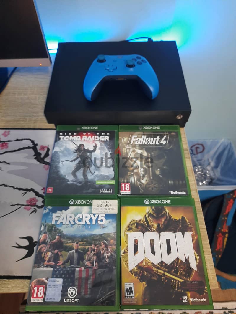Xbox One X 1TB (True 4K) + Blue Controller + 4 Games + Original Box 2