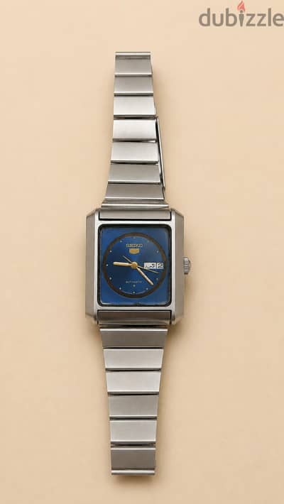 ساعة Seiko 5 Automatic  أصلية، تصميم فينتاج مستطيل كلاسيك ،مينا ازرق
