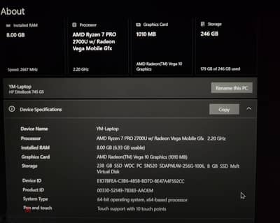 HP elitebook 745 g5 Ryzen 7 PRO