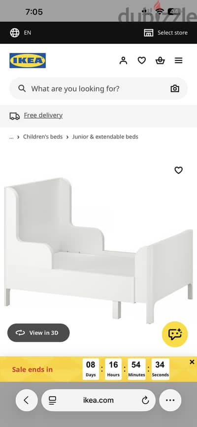 للبيع – سرير أطفال IKEA BUSUNGE قابل للتمديد (أبيض) 