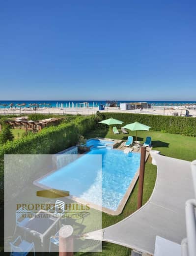 Standalone villa, first row on the sea with a private swimming pool, fully finished with air conditioners and kitchen, next to Marassi, Telal, and Hacienda.