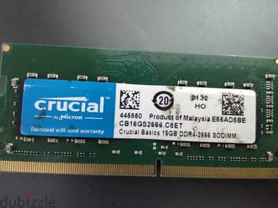رامة لاب توب Crucial 16GB DDR4 2666MHz بحالة كويسة