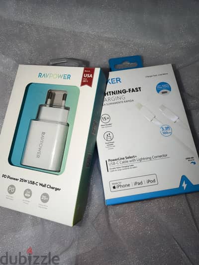 Charger with USB-C cable featuring a Lightning connector